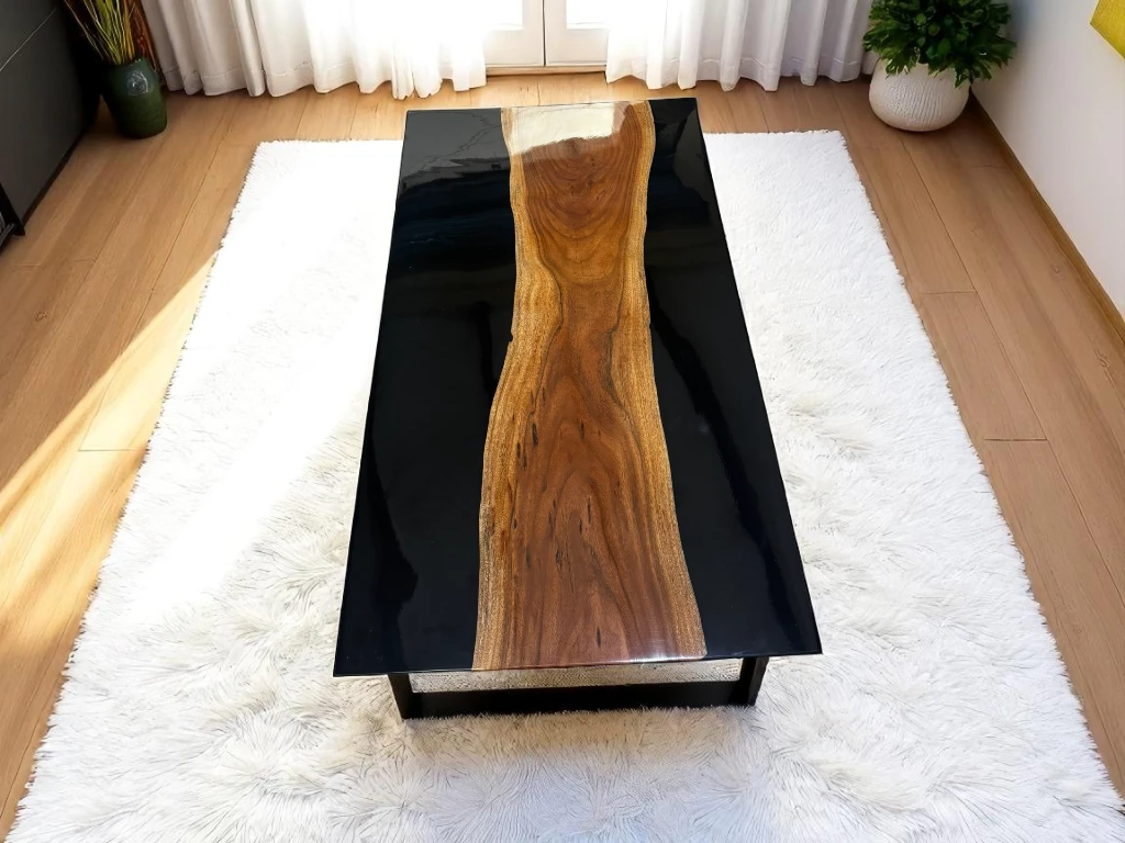 Luxury Rectangular Dining Table with Black Epoxy & Natural Wood